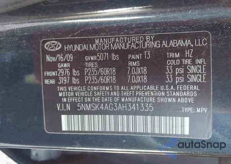2010 Hyundai Santa Fe Limited V6 from USA, damaged, VIN 5NMSK4AG3AH341335
